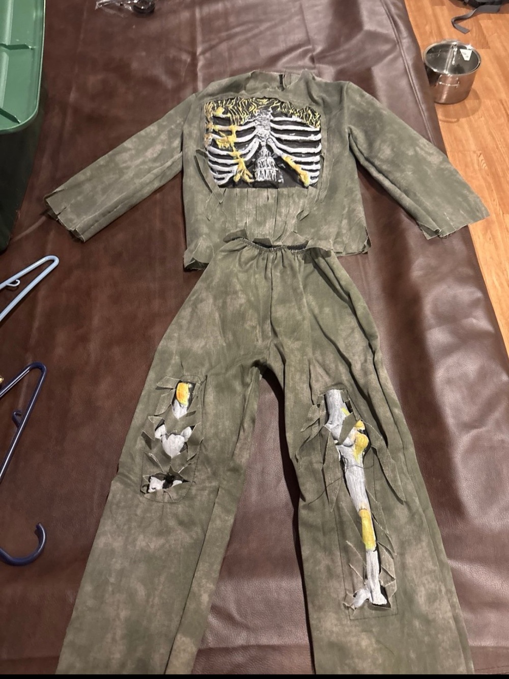 Kids Olive Green Zombie Skeleton Costume with Ripped Details